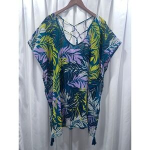 Palisades Beach Club Tropical Palm Print Kaftan Swim Cover Up Teal Purple M/L